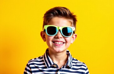 Naklejka premium Smiling child in striped shirt wearing colorful sunglasses