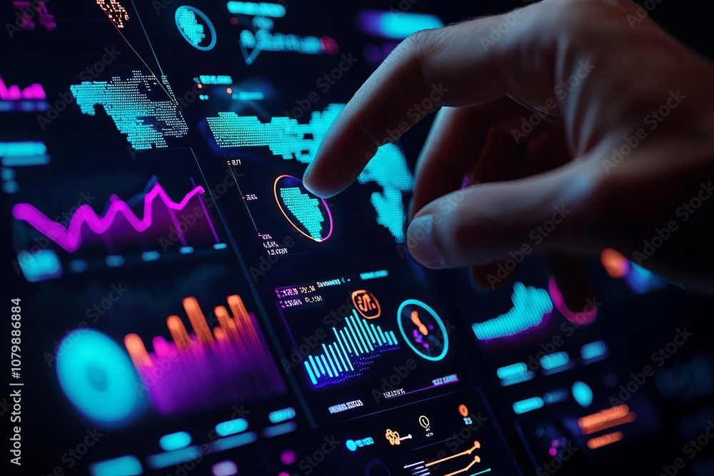 Poster close-up of a hand interacting with a vibrant digital data interface.