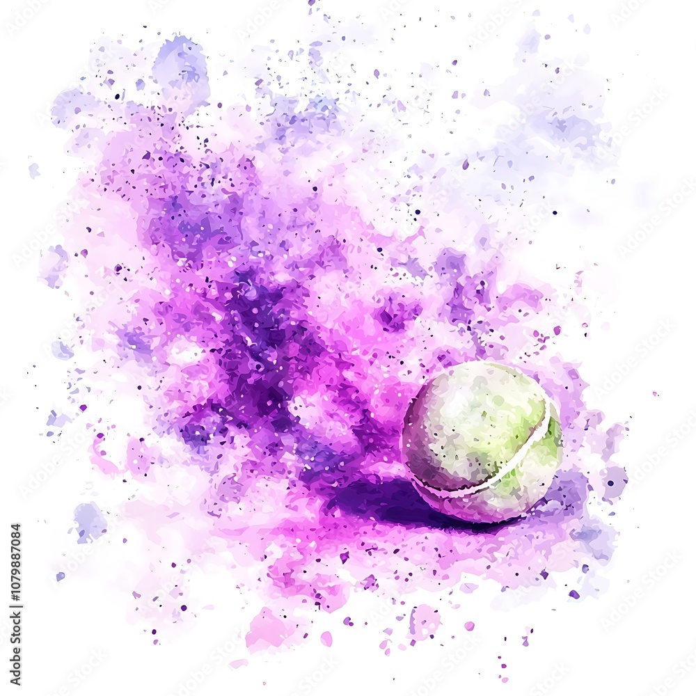 Sticker Watercolor Tennis Ball with Purple and Pink Splatter.