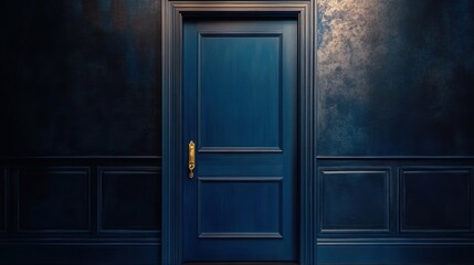 Blue Door with Golden Handle in a Dark Room
