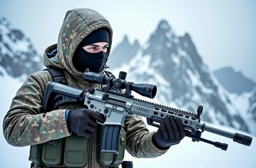 Fototapeta premium Soldier aiming with rifle in snowy mountains