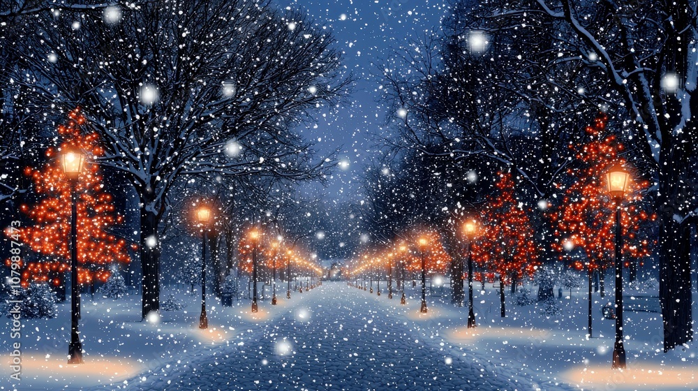 Poster enchanting winter night scene with snowfall and festive lights on trees in a serene park setting cre