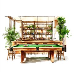 Watercolor Illustration of a Pool Table in a Bar.
