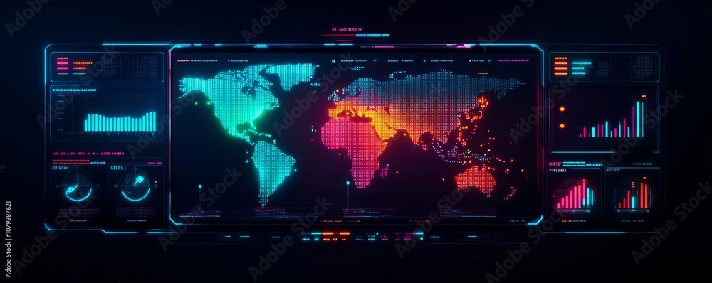 Aufkleber high-tech world map display with vibrant colors and data graphs for analysis.