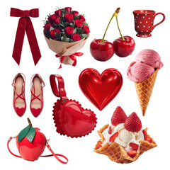 A collage of various red-themed objects. There is a red bow, a bouquet of red roses, two red cherries, a red polka-dot teacup, a pair of red high-heeled shoes, a red heart-shaped purse.