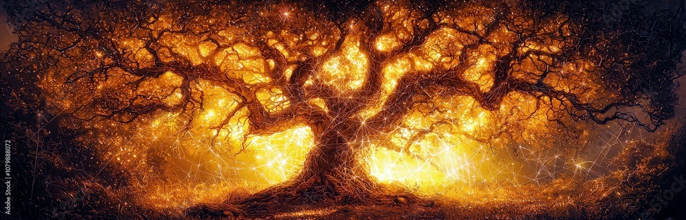 Poster enchanted ancient tree with glowing roots and branches surrounded by a mystical aura of light and sp