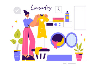 Vector Illustration of a Laundry Room with Washing and Drying Machines, a Basket Filled with Dirty Clothes in a Flat Style Cartoon Background