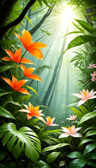 Obraz premium A tranquil rainforest bursting with thick foliage and tropical flowers in shades of blue and pink where sunlight dapples the forest floor in a serene glow.