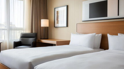 Modern hotel room with twin beds, soft lighting, and simple decor in a stylish urban setting during the daylight hours