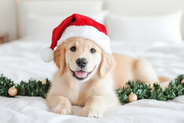 cute happy puppy wearing a santa claus hat and a garland on white background. ai generated