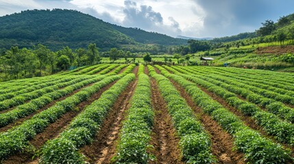 Fototapeta premium Pepper farming in Vietnam, organized rows with farmers harvesting spices, vibrant fields.