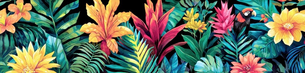Vibrant Jungle Scenery with Colorful Flowers, Lush Green Leaves, and a Tropical Bird Amongst Exotic Plants for Nature Lover's Delight