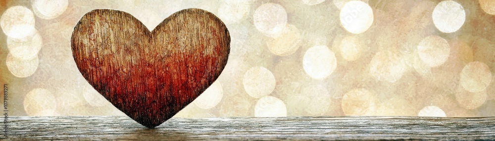 Poster rustic wooden heart on a weathered surface with a soft glowing background creating a warm and inviti