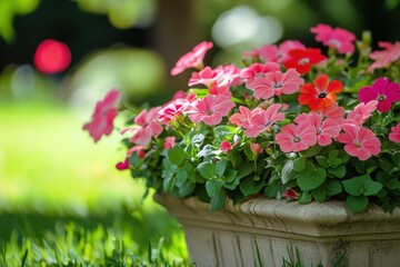 A vibrant bouquet of pink and orange flowers blooms in a white planter, set against a lush green background.