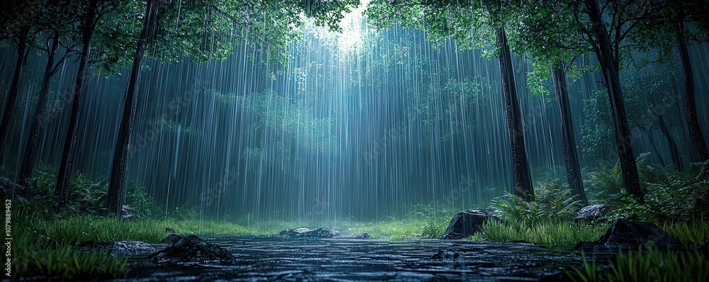 Poster serene rainfall in a misty forest with tall trees and lush green foliage illuminated by soft light c