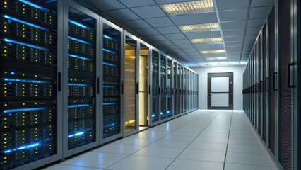 Fototapeta premium Digital Data Center Illustration, Glowing Wires, Racks, Open Doors, Server Hardware in Tech - filled Atmosphere.
