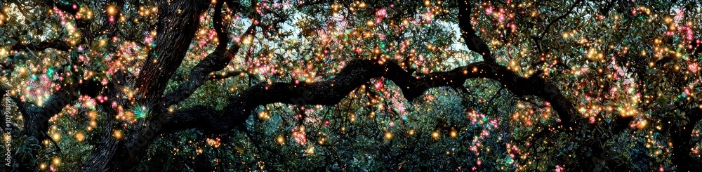 Poster enchanting nightscape of illuminated tree branches adorned with colorful fairy lights creating a mag