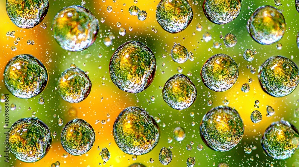 Poster close-up view of colorful water droplets on a surface with blurred bright green and yellow backgroun