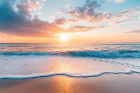 A vibrant sunset paints the sky over a calm ocean.