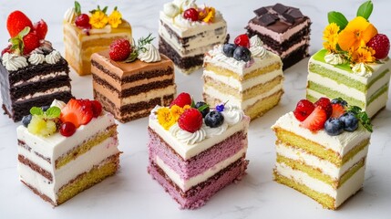 43.A selection of assorted cake slices, featuring a variety of flavors such as chocolate, lemon, matcha, and berry. Each piece is topped with different decorations, including fresh fruit, whipped