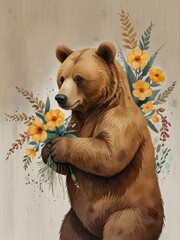 Watercolor Cartoon Bear Holding Flowers with Subtle Earthy Tones on White Background