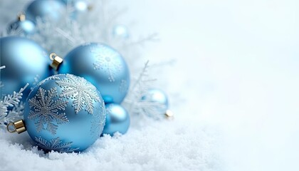 Blue holiday ornaments resting on snow, creating a winter-themed display.