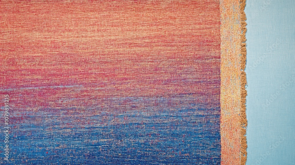 Poster a colorful woven textile with a gradient pattern and fringed edge.