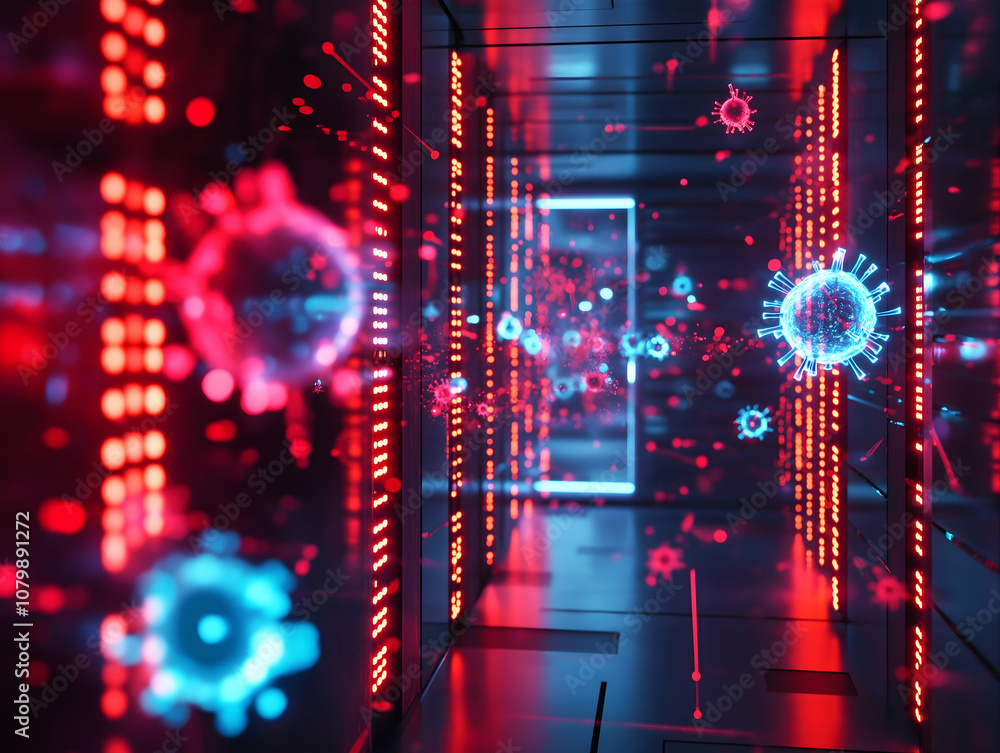 Poster a surreal digital corridor showcasing vibrant red and blue light patterns, with floating virus and d