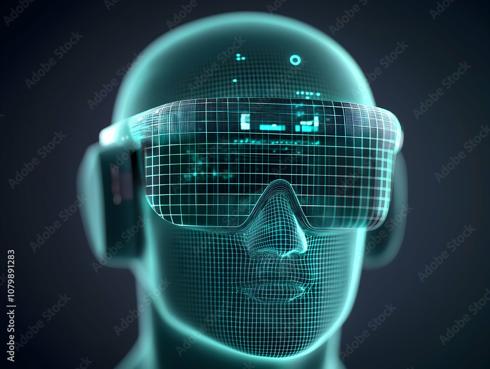 Poster a futuristic headgear equipped with augmented reality glasses, showcasing a digital interface and vi