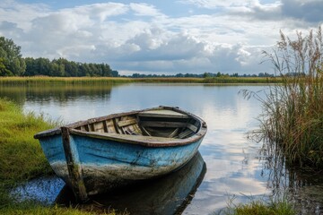 Obraz premium A weathered blue and white boat sits alone on the edge of a calm lake.