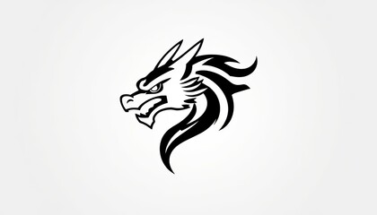 dragon head in profile view, rendered in a simple black and white design. design is minimalist. Dragons are often associated with power, strength, and mythology. striking and memorable.
