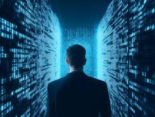 A person stands in a futuristic corridor filled with glowing blue data, symbolizing technology and the digital age.