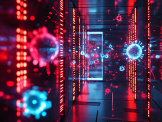 A surreal digital corridor showcasing vibrant red and blue light patterns, with floating virus and data motifs, creating a futuristic technological atmosphere.