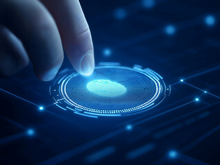 A futuristic hand touching a glowing fingerprint scanner, symbolizing biometric technology and digital security.