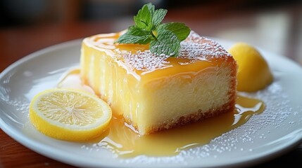 28.A fresh lemon cake resting on a white plate, with a glossy lemon glaze dripping down the sides. The cake's golden edges are visible, with small crumbs scattered on the plate. A garnish of fresh