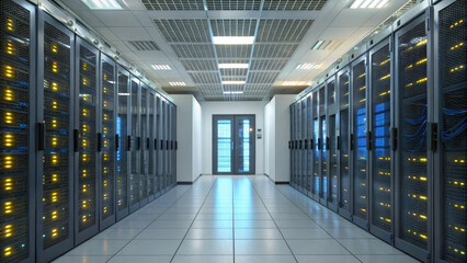Digital Data Center Illustration, Glowing Wires, Racks, Open Doors, Server Hardware in Tech - filled Atmosphere.