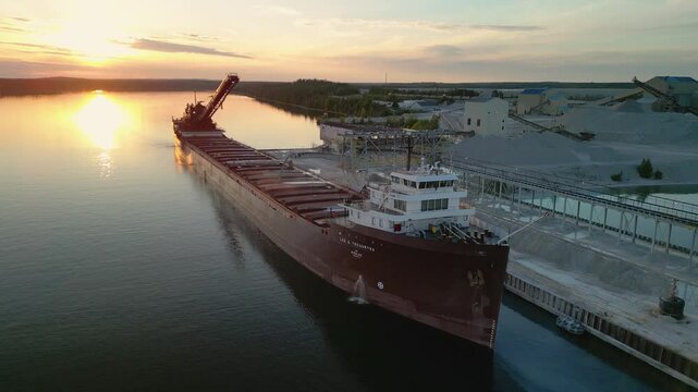 Aerial view of great lakes freighter with sunset behind it at quarry docks