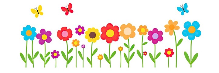 cheerful and vibrant illustration of a row of stylized flowers or tulips isolated on white background. a variety of colorful flowers in full bloom. flowers are supported by long,