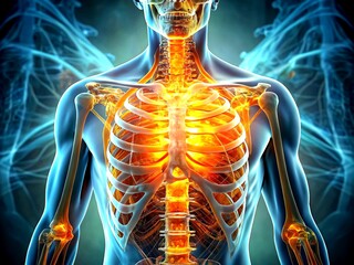 Glowing anatomy, double exposure, vibrant orange internal organs.
