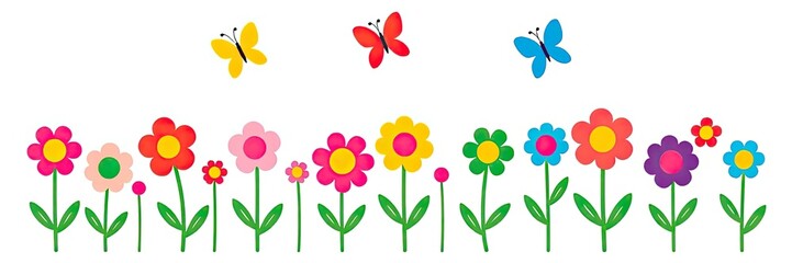 Obraz premium cheerful and vibrant illustration of a row of stylized flowers or tulips isolated on white background. a variety of colorful flowers in full bloom. flowers are supported by long,