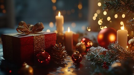 An arrangement of Christmas decorations and a gift box.