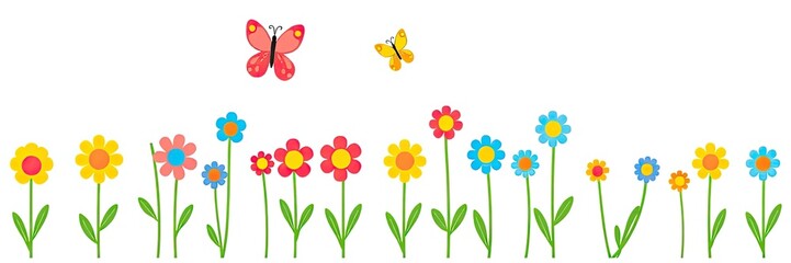 Obraz premium cheerful and vibrant illustration of a row of stylized flowers or tulips isolated on white background. a variety of colorful flowers in full bloom. flowers are supported by long,