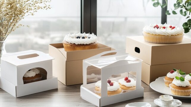 37.A collection of realistic cardboard cake boxes, each featuring a clear plastic window to display the contents. The boxes come in different sizes and shapes, with sturdy handles for easy transport.