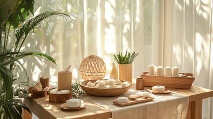 Sensory self-care practices in Thailand, soothing daily rituals for relaxation, organized and peaceful setup.