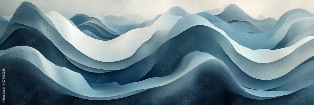 Poster serene blue wave patterns: minimalist design with subtle curves and shades of gray for a calming eff