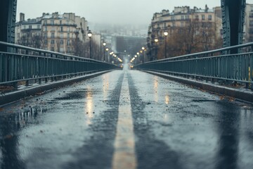 Fototapeta premium A wet and empty Parisian bridge on a foggy day.