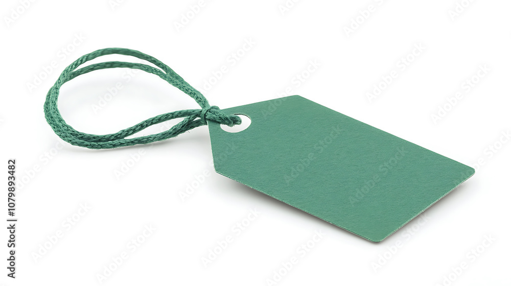 Poster a vibrant green tag featuring a smooth surface and a secure tie, perfect for labeling items and enha