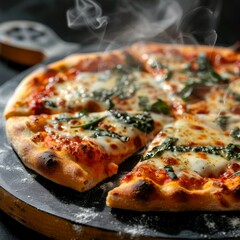 freshly baked steaming pizza in color Created with Generative AI technology.