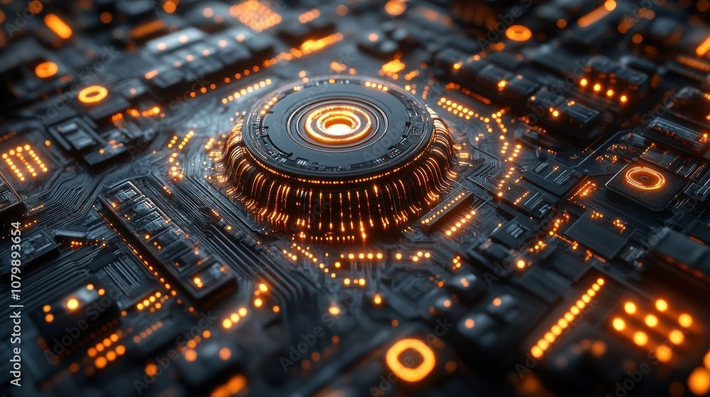 Poster abstract close-up of a futuristic circuit board with glowing elements.
