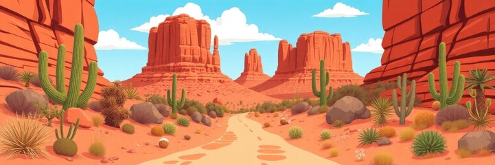 illustration of a classic desert landscape, reminiscent of the American Southwest. Background cartoon. landscape animation.